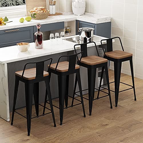 WENTMENT Black Wood Seat Counter Height Bar Stool Set of 4