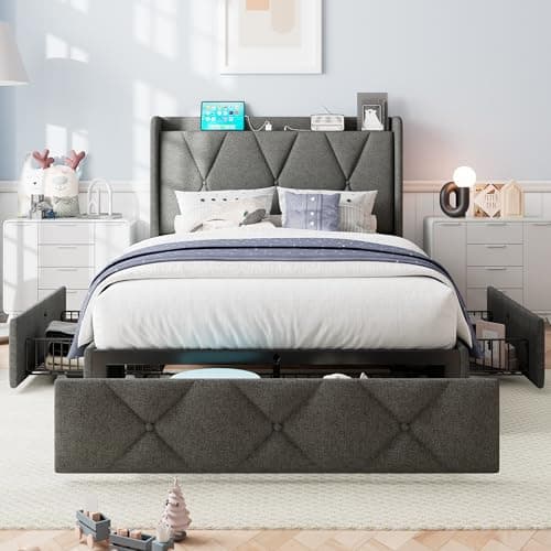 iPormis Dark Grey Queen Bed Frame with Storage & Charging Station
