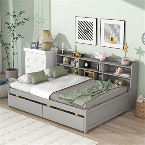 Full Size Gray Solid Wood Bed with Side Bookcases & Storage Drawers