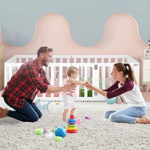 Multifunctional Montessori Floor Bed for Kids with Safety Guardrails, Solid Wood Frame, White