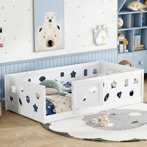 Full Size Wood Montessori Bed with High Fence & Door, No Box Spring Needed