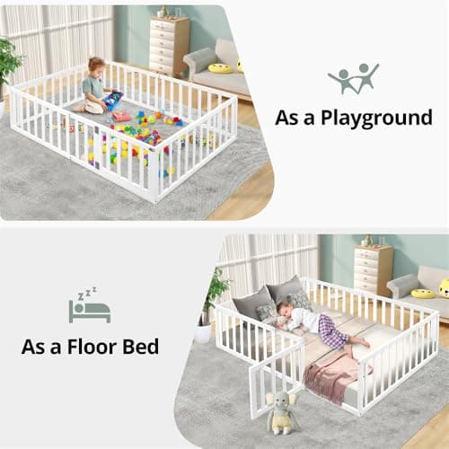 Multifunctional White Montessori Queen Bed with Fence & Door for Kids