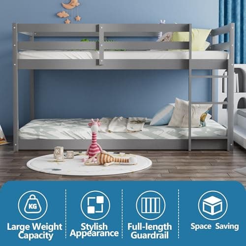 Twin Over Twin Bunk Bed with Ladder & Full-Length Guardrail for Dormitory and Bedroom, Grey Color, 400LBS Capacity