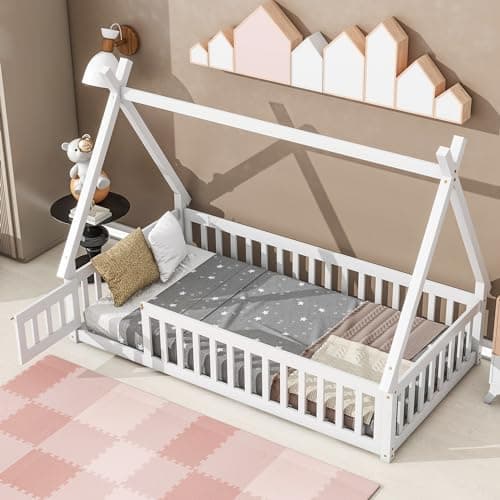 Montessori Floor Bed for Kids with Guardrails, Twin Size, Tent-Shaped Grey Frame