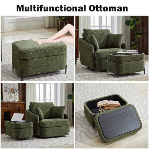 Oversized Green Chenille Swivel Chair with Ottoman