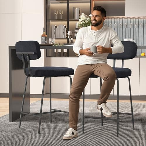 2-Piece Black Fabric Bar Stool Set, 26", Counter Height Kitchen Chairs