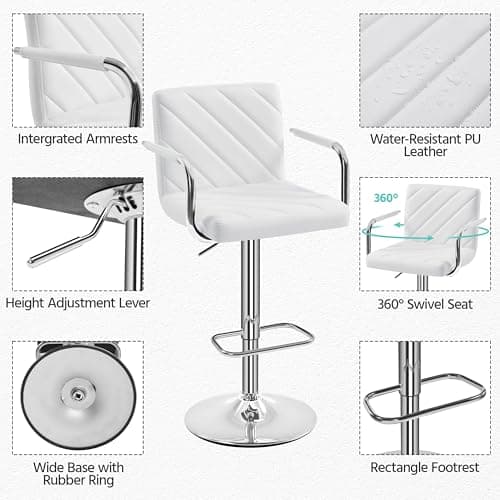 Yaheetech Height Adjustable Swivel Bar Stools Set of 2 White with Back Armrest Footrest