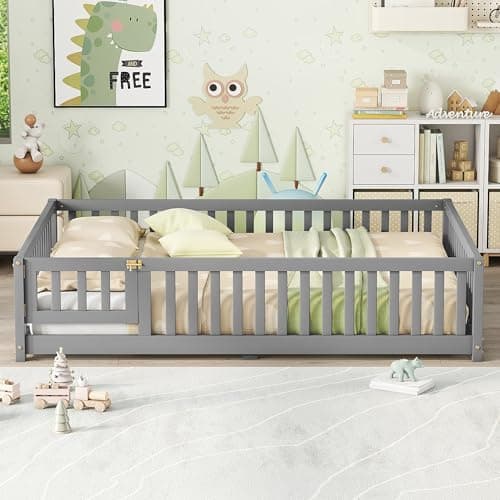 Gray Montessori Floor Bed with Slats and Center Support Bar
