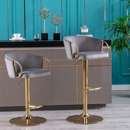 Velvet Counter Height Bar Stools Set of 2 with Chrome Footrest and Gold Base, Swivel Adjustable for Kitchen Island, Pub, Dining Room - Green