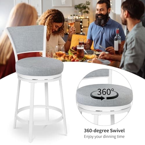 Modern Grey & White Linen Counter Height Bar Stool Set, 25 Inch Swivel Chairs