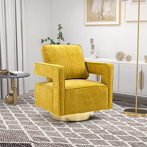 Modern Grey Chenille Swivel Accent Chair with Gold Stainless Steel Base