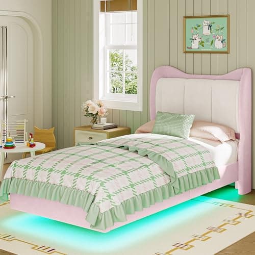 Twin Bed Frame with Headboard and LED Light, Velvet Upholstered - Pink