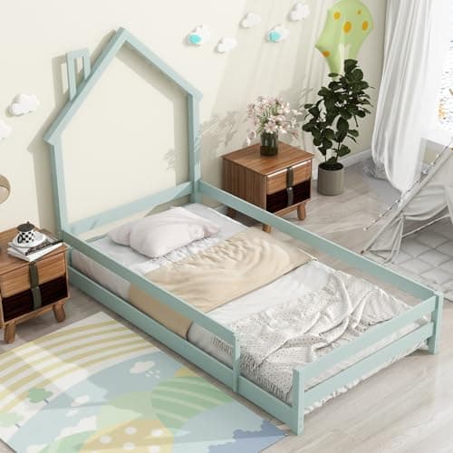 Montessori Twin Floor Bed with House-Shaped Headboard and Fence Guardrails