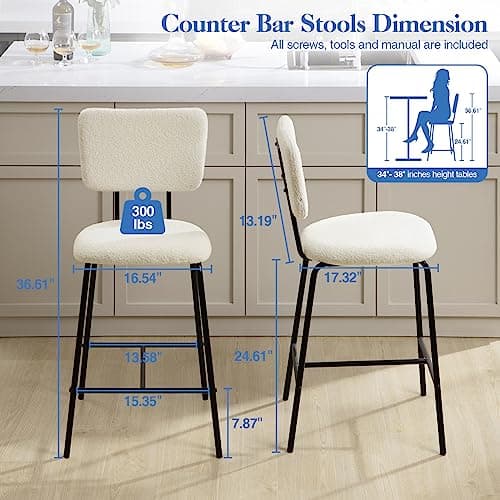 Set of 4 White Counter Height Bar Stools - Modern Upholstered Boucle Fabric Chairs