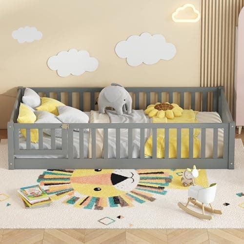 Bellemave Twin Size Floor Bed with Door & Safety Guardrails for Kids