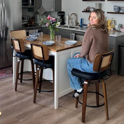 Mid Century Walnut Swivel Bar Stools with Cane Back (walnut beige)