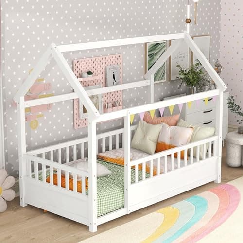 Full Size Wood Montessori Floor Bed with High Fence & Roof