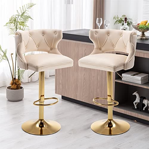 Adjustable Velvet Swivel Bar Stools Set of 2, Beige