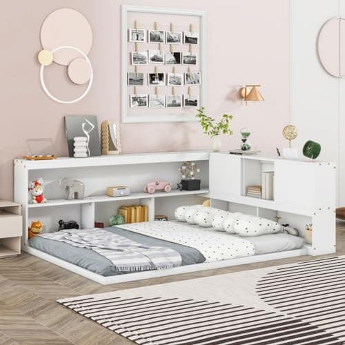i-POOK L-Shaped Bookcase Corner Bed without Slats, Full Size Bed Frame for Children and Teens, White