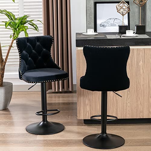 Modern Swivel Velvet Bar Stools Set of 2 with Backrest and Footrest - Black