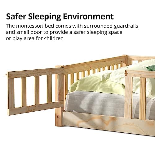 i-POOK Montessori Twin Floor Bed for Children, Sturdy Wood Frame with Fence & Door, Natural