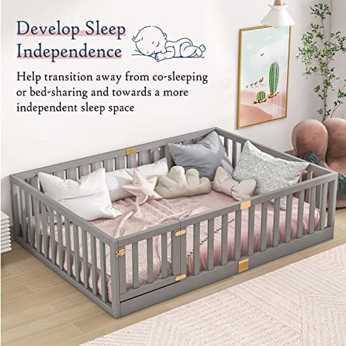 Tatub Full Montessori Floor Bed, Solid Wood, High Rails, Grey