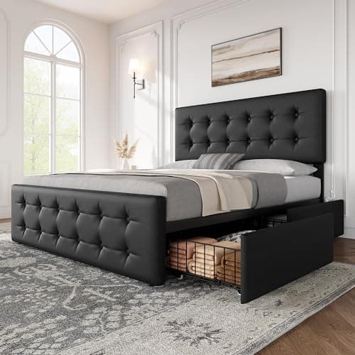IDEALHOUSE Queen Size Linen Upholstered Bed Frame with 4 Drawers & Headboard, Dark Grey