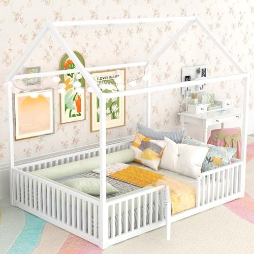 Bellemave Full-Size Metal Floor Bed with Door & Roof in White