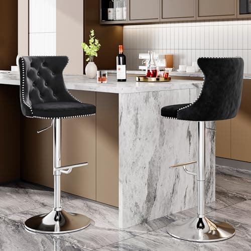 Modern Black Velvet Bar Stool Set with High Back & Nailheads Trim for Home Bar & Kitchen Island
