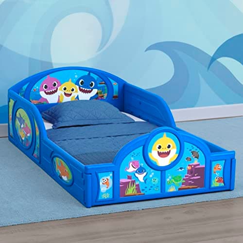 Delta Children Blue Baby Shark Plastic Sleep and Play Toddler Bed with Guardrails