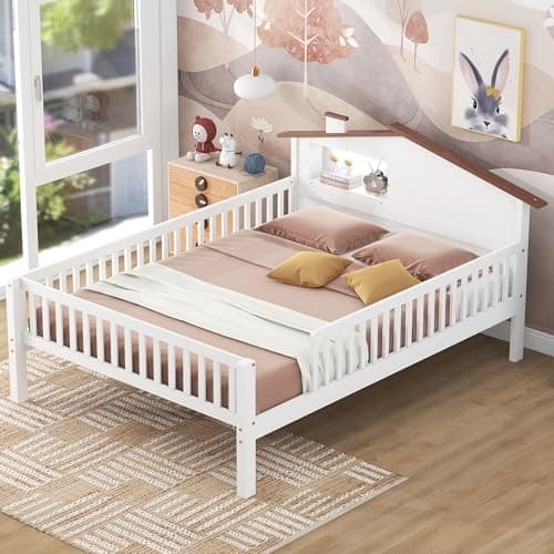 Montessori Ball & Cast Full Floor Bed Frame with Fence, White, No Box Spring Needed