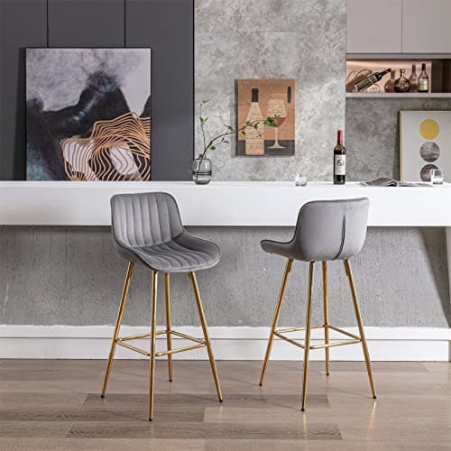 Modern Velvet Bar Stools Set with High Back and Footrest, Gray, 2 Pieces