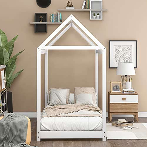 i-POOK White Twin Size Wooden House Bed with Roof