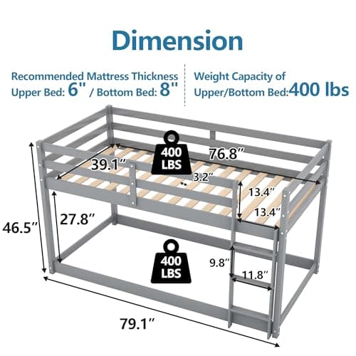 Twin Over Twin Bunk Bed with Ladder & Full-Length Guardrail for Dormitory and Bedroom, Grey Color, 400LBS Capacity