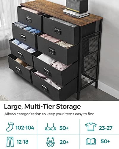 SONGMICS Rustic Brown & Black Fabric Dresser with 8 Drawers ULTS228B01