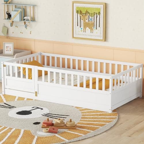 Montessori Twin Size Floor Bed with High Fence & Door (Gray)