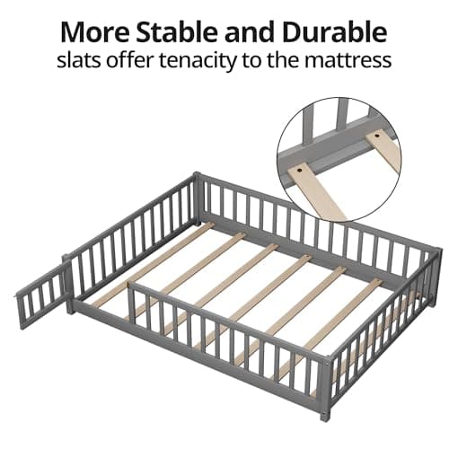 Queen Size Solid Wood Platform Bed Frame, Fence-Shaped Guardrails, Gray