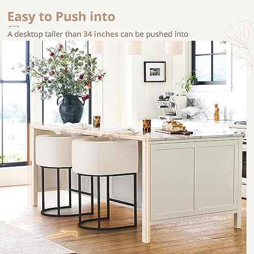 LUE BONA Black Metal Bar Stools, 27" Counter Height, Set of 4, Linen Upholstered Beige