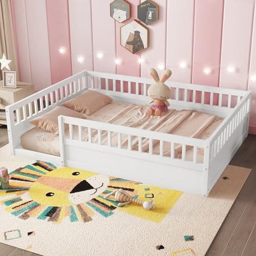 Montessori Wooden Floor Bed for 2 Kids, White Fence RailINGS, Box Spring Needed