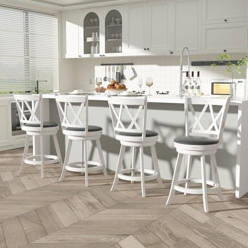 Antique White Swivel Bar Stools with High Back & Wood Footrest (Set of 2)
