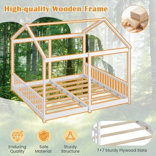 Giantex Double Twin Floor Beds, Wood Montessori with Fence & Roof, White