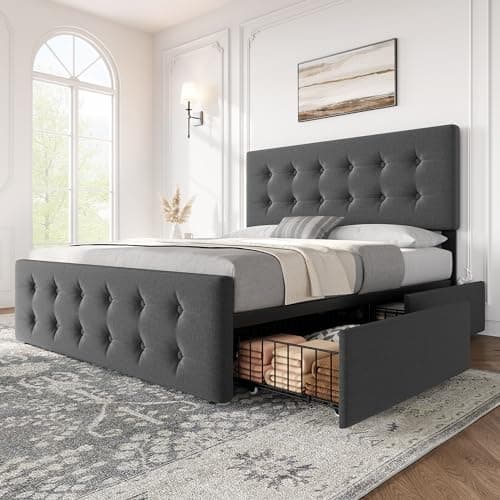 IDEALHOUSE Queen Size Linen Upholstered Bed Frame with 4 Drawers & Headboard, Dark Grey