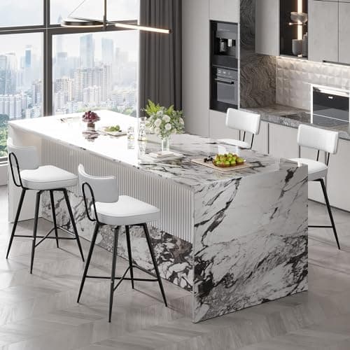 26 Inch White Leather Swivel Bar Stools with Back, Kitchen Counter Set of 2