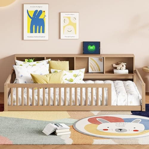 Bellemave Twin Size Floor Bed with Door & Safety Guardrails for Kids