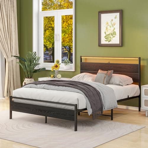 Full Size Metal Bed Frame with Headboard & LED Lights & Charging Station