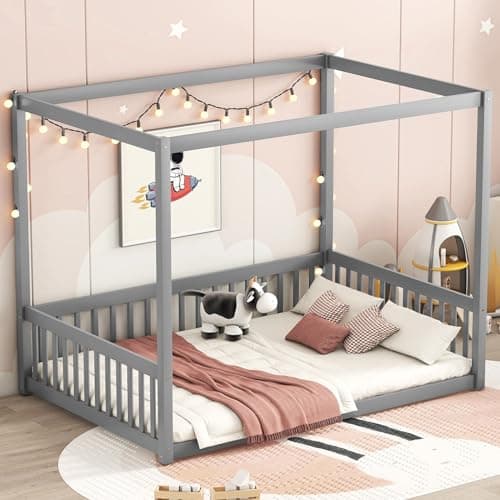 i-POOK Full Size Canopy Bed Frame with Fence, Grey