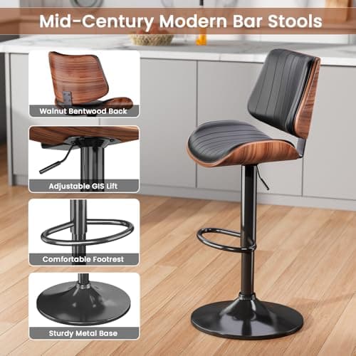 Mid-Century Modern Black Bentwood Barstool Set with Footrest, Kitchen Counter, Island, & Dining Room