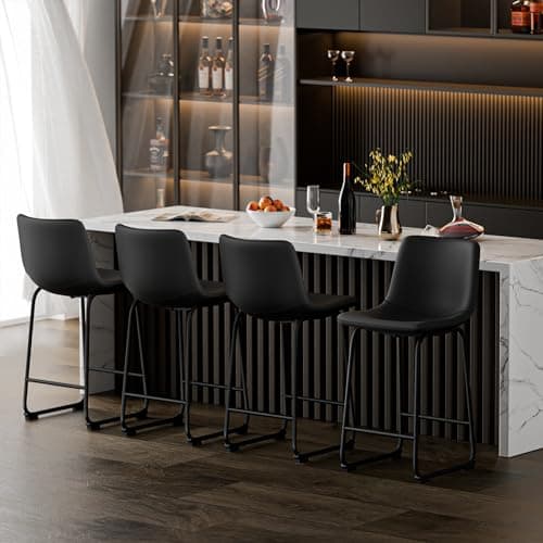 Black Modern 26 Inch Counter Height Bar Stool Set with Faux Leather and Footrest