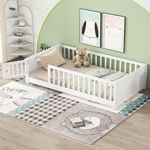Full Size Montessori Floor Bed with High Fence, Natural Wood for Kids
