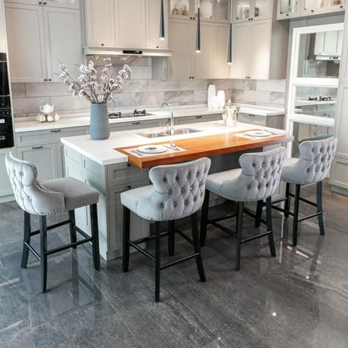 Velvet Upholstered Bar Stools Set of 2 with Wooden Legs